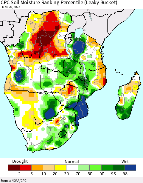 Southern Africa CPC Soil Moisture Ranking Percentile (Leaky Bucket) Thematic Map For 3/16/2023 - 3/20/2023