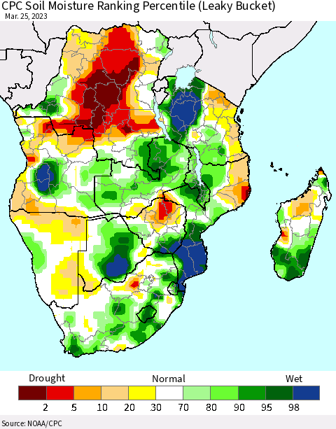 Southern Africa CPC Soil Moisture Ranking Percentile (Leaky Bucket) Thematic Map For 3/21/2023 - 3/25/2023