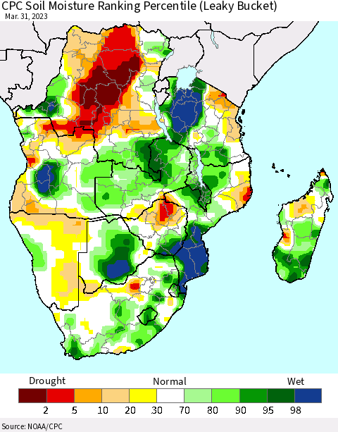 Southern Africa CPC Soil Moisture Ranking Percentile (Leaky Bucket) Thematic Map For 3/26/2023 - 3/31/2023