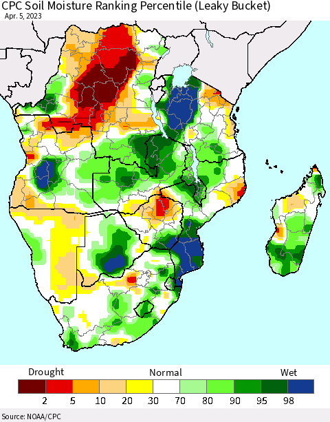 Southern Africa CPC Soil Moisture Ranking Percentile (Leaky Bucket) Thematic Map For 4/1/2023 - 4/5/2023