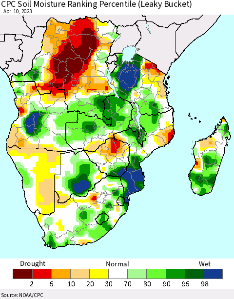 Southern Africa CPC Soil Moisture Ranking Percentile (Leaky Bucket) Thematic Map For 4/6/2023 - 4/10/2023