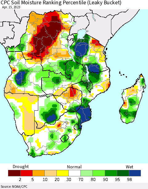 Southern Africa CPC Soil Moisture Ranking Percentile (Leaky Bucket) Thematic Map For 4/11/2023 - 4/15/2023