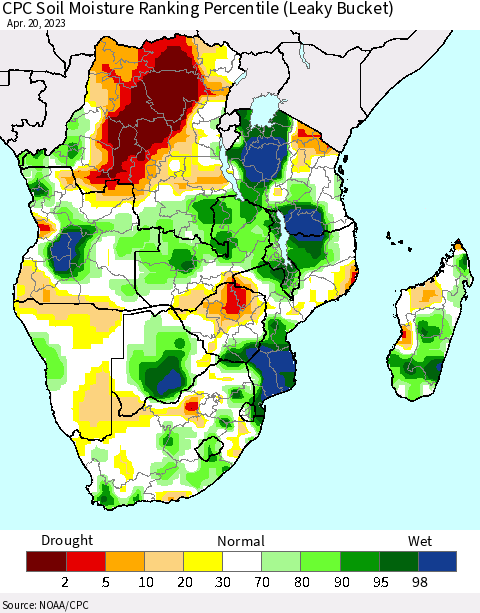 Southern Africa CPC Soil Moisture Ranking Percentile (Leaky Bucket) Thematic Map For 4/16/2023 - 4/20/2023