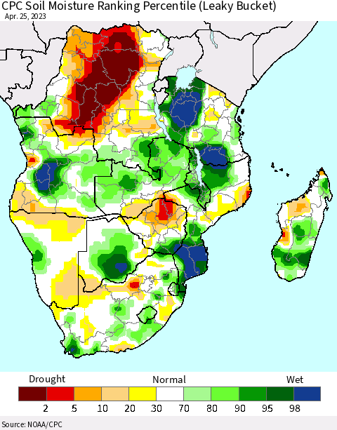 Southern Africa CPC Soil Moisture Ranking Percentile (Leaky Bucket) Thematic Map For 4/21/2023 - 4/25/2023