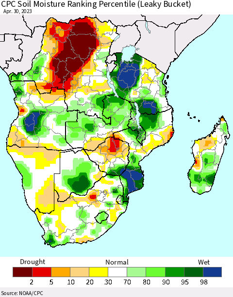 Southern Africa CPC Soil Moisture Ranking Percentile (Leaky Bucket) Thematic Map For 4/26/2023 - 4/30/2023
