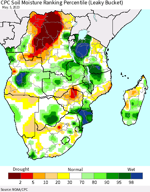 Southern Africa CPC Soil Moisture Ranking Percentile (Leaky Bucket) Thematic Map For 5/1/2023 - 5/5/2023