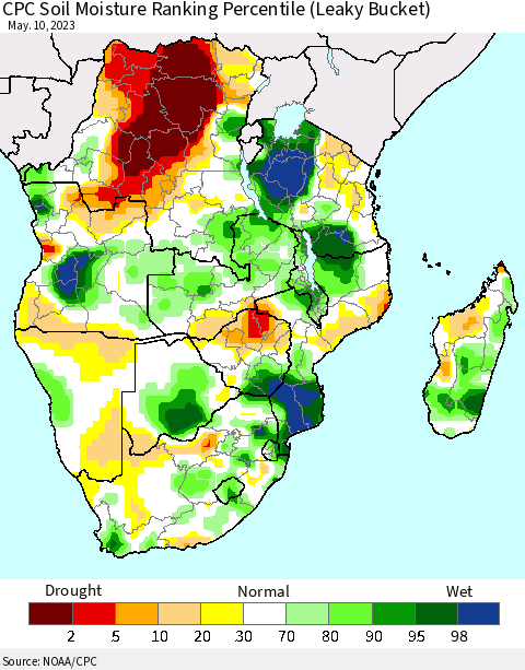 Southern Africa CPC Soil Moisture Ranking Percentile (Leaky Bucket) Thematic Map For 5/6/2023 - 5/10/2023