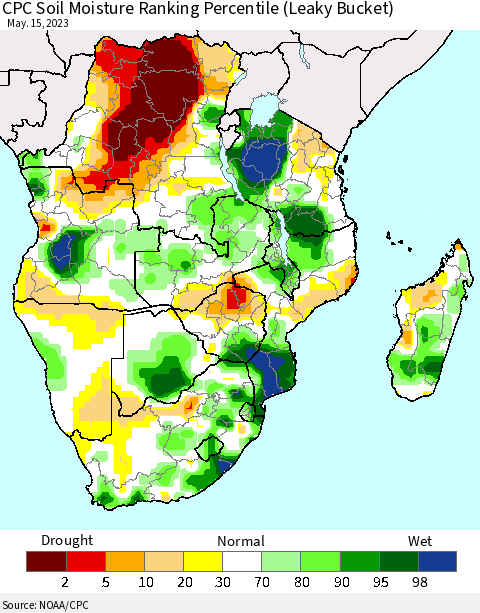 Southern Africa CPC Soil Moisture Ranking Percentile (Leaky Bucket) Thematic Map For 5/11/2023 - 5/15/2023