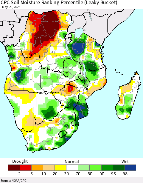 Southern Africa CPC Soil Moisture Ranking Percentile (Leaky Bucket) Thematic Map For 5/16/2023 - 5/20/2023