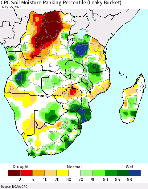 Southern Africa CPC Soil Moisture Ranking Percentile (Leaky Bucket) Thematic Map For 5/21/2023 - 5/25/2023