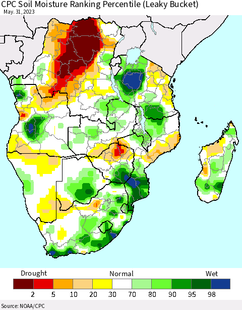 Southern Africa CPC Soil Moisture Ranking Percentile (Leaky Bucket) Thematic Map For 5/26/2023 - 5/31/2023
