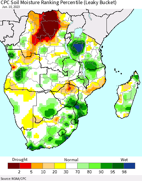 Southern Africa CPC Soil Moisture Ranking Percentile (Leaky Bucket) Thematic Map For 6/6/2023 - 6/10/2023