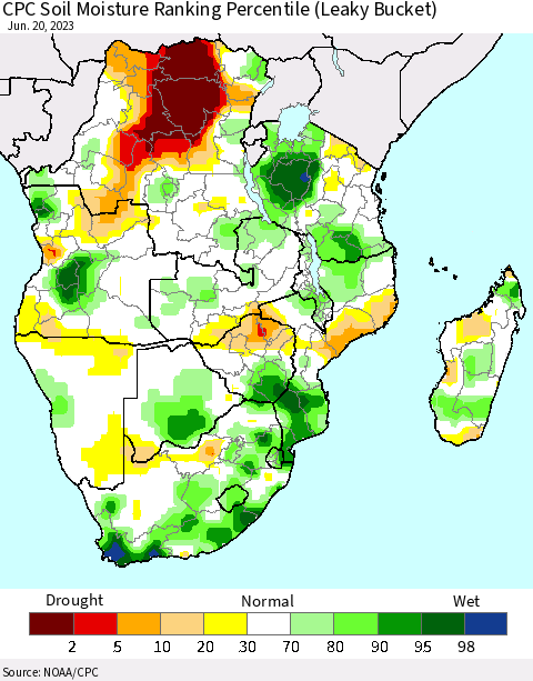 Southern Africa CPC Soil Moisture Ranking Percentile (Leaky Bucket) Thematic Map For 6/16/2023 - 6/20/2023
