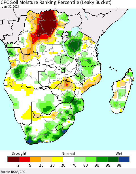 Southern Africa CPC Soil Moisture Ranking Percentile (Leaky Bucket) Thematic Map For 6/26/2023 - 6/30/2023