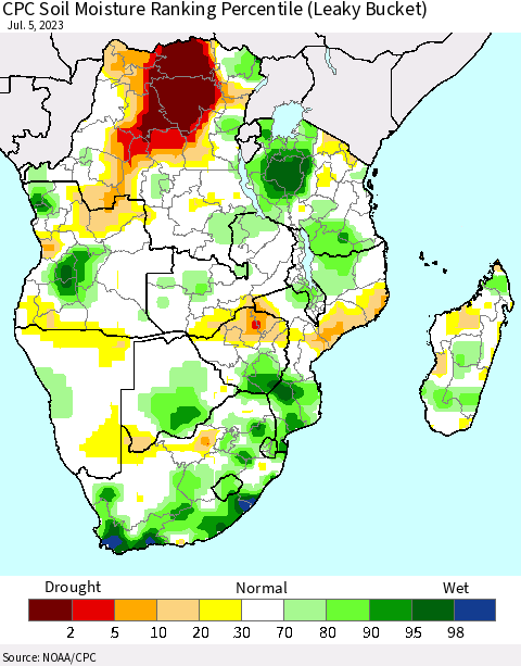 Southern Africa CPC Soil Moisture Ranking Percentile (Leaky Bucket) Thematic Map For 7/1/2023 - 7/5/2023