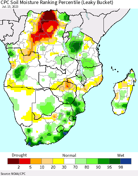Southern Africa CPC Soil Moisture Ranking Percentile (Leaky Bucket) Thematic Map For 7/11/2023 - 7/15/2023