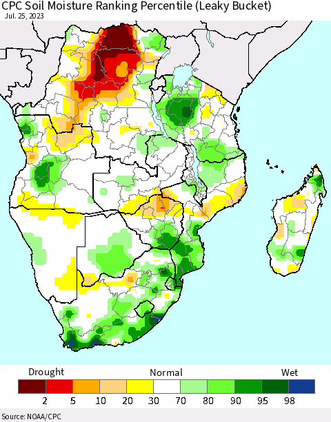 Southern Africa CPC Soil Moisture Ranking Percentile (Leaky Bucket) Thematic Map For 7/21/2023 - 7/25/2023