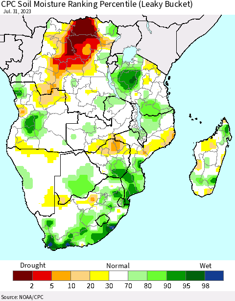 Southern Africa CPC Soil Moisture Ranking Percentile (Leaky Bucket) Thematic Map For 7/26/2023 - 7/31/2023