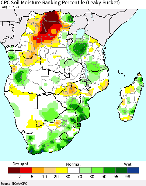 Southern Africa CPC Soil Moisture Ranking Percentile (Leaky Bucket) Thematic Map For 8/1/2023 - 8/5/2023