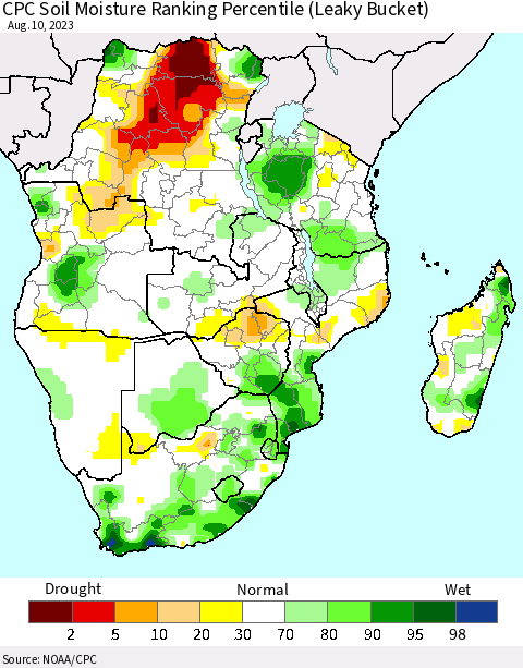 Southern Africa CPC Soil Moisture Ranking Percentile (Leaky Bucket) Thematic Map For 8/6/2023 - 8/10/2023
