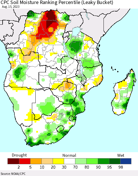 Southern Africa CPC Soil Moisture Ranking Percentile (Leaky Bucket) Thematic Map For 8/11/2023 - 8/15/2023