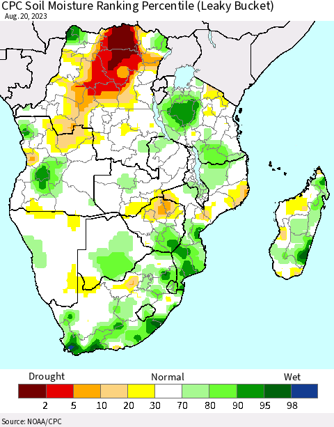 Southern Africa CPC Soil Moisture Ranking Percentile (Leaky Bucket) Thematic Map For 8/16/2023 - 8/20/2023