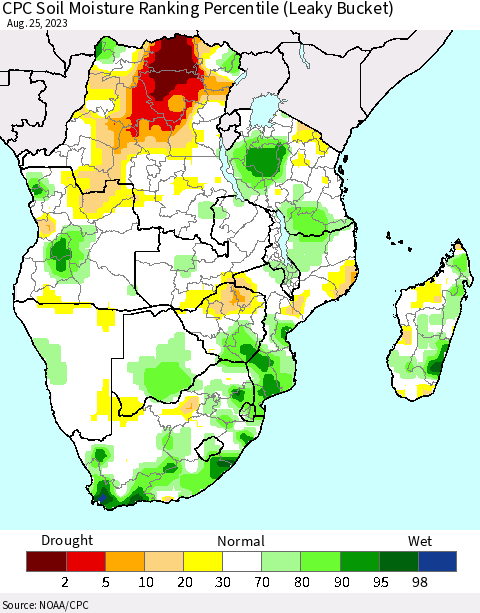 Southern Africa CPC Soil Moisture Ranking Percentile (Leaky Bucket) Thematic Map For 8/21/2023 - 8/25/2023