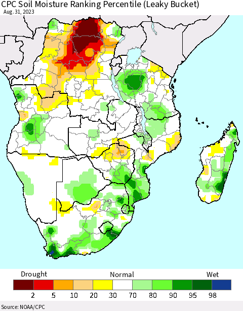 Southern Africa CPC Soil Moisture Ranking Percentile (Leaky Bucket) Thematic Map For 8/26/2023 - 8/31/2023