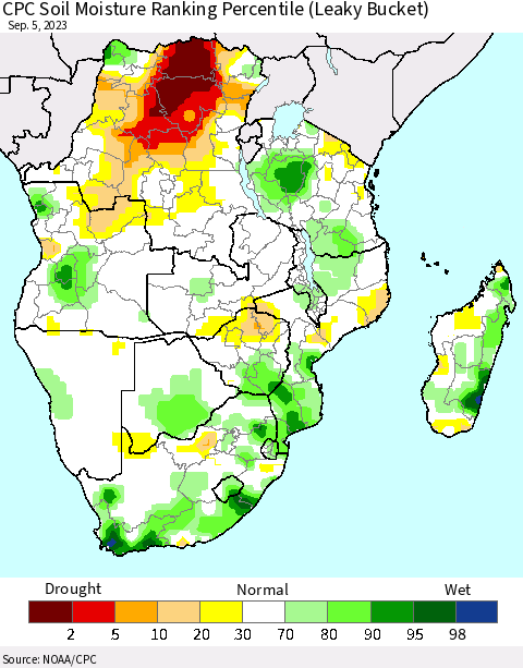 Southern Africa CPC Soil Moisture Ranking Percentile (Leaky Bucket) Thematic Map For 9/1/2023 - 9/5/2023