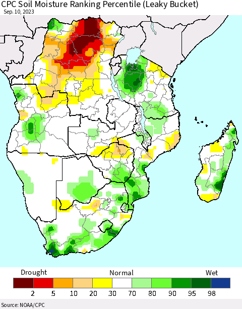 Southern Africa CPC Soil Moisture Ranking Percentile (Leaky Bucket) Thematic Map For 9/6/2023 - 9/10/2023