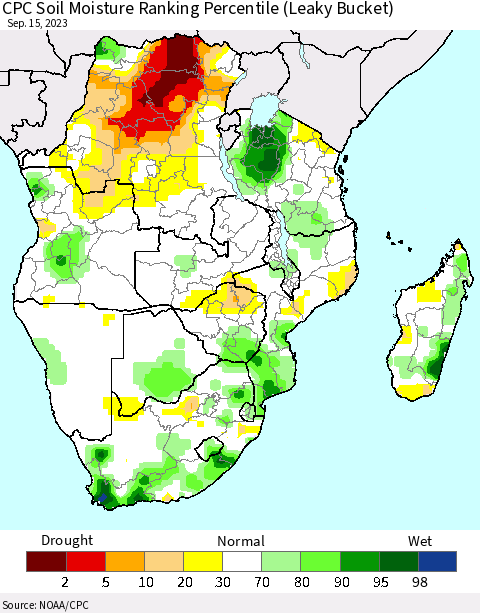 Southern Africa CPC Soil Moisture Ranking Percentile (Leaky Bucket) Thematic Map For 9/11/2023 - 9/15/2023