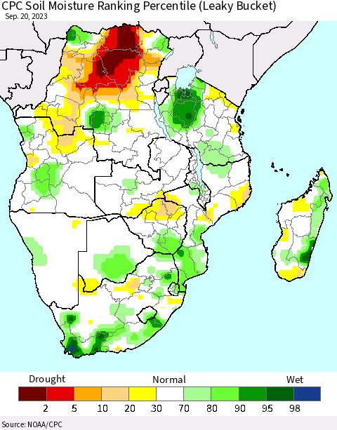 Southern Africa CPC Soil Moisture Ranking Percentile (Leaky Bucket) Thematic Map For 9/16/2023 - 9/20/2023