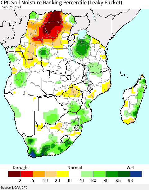 Southern Africa CPC Soil Moisture Ranking Percentile (Leaky Bucket) Thematic Map For 9/21/2023 - 9/25/2023
