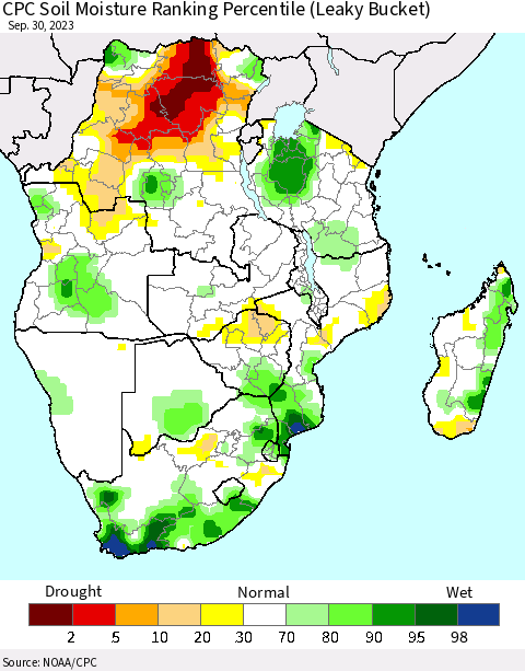 Southern Africa CPC Soil Moisture Ranking Percentile (Leaky Bucket) Thematic Map For 9/26/2023 - 9/30/2023