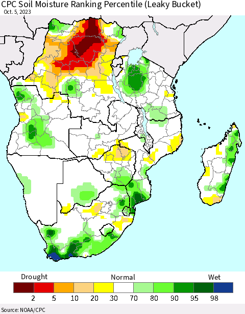 Southern Africa CPC Soil Moisture Ranking Percentile (Leaky Bucket) Thematic Map For 10/1/2023 - 10/5/2023