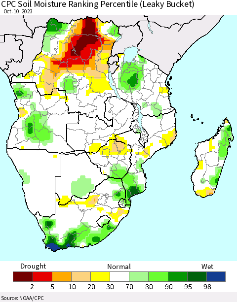Southern Africa CPC Soil Moisture Ranking Percentile (Leaky Bucket) Thematic Map For 10/6/2023 - 10/10/2023