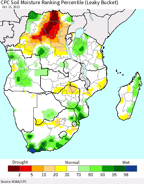 Southern Africa CPC Soil Moisture Ranking Percentile (Leaky Bucket) Thematic Map For 10/11/2023 - 10/15/2023