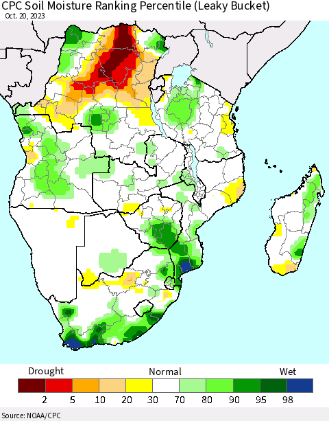 Southern Africa CPC Soil Moisture Ranking Percentile (Leaky Bucket) Thematic Map For 10/16/2023 - 10/20/2023