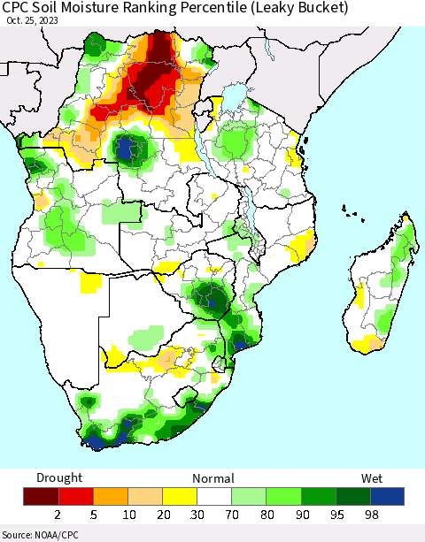 Southern Africa CPC Soil Moisture Ranking Percentile (Leaky Bucket) Thematic Map For 10/21/2023 - 10/25/2023
