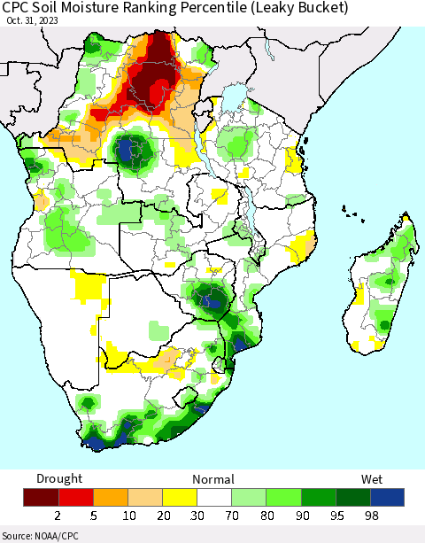 Southern Africa CPC Soil Moisture Ranking Percentile (Leaky Bucket) Thematic Map For 10/26/2023 - 10/31/2023