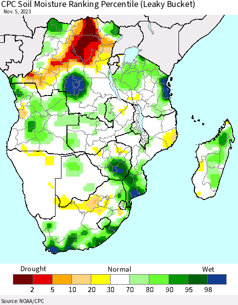 Southern Africa CPC Soil Moisture Ranking Percentile (Leaky Bucket) Thematic Map For 11/1/2023 - 11/5/2023
