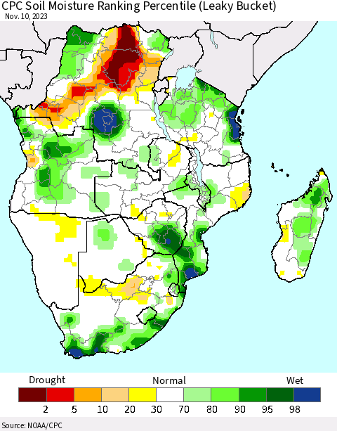 Southern Africa CPC Soil Moisture Ranking Percentile (Leaky Bucket) Thematic Map For 11/6/2023 - 11/10/2023