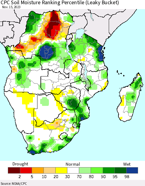 Southern Africa CPC Soil Moisture Ranking Percentile (Leaky Bucket) Thematic Map For 11/11/2023 - 11/15/2023