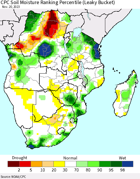 Southern Africa CPC Soil Moisture Ranking Percentile (Leaky Bucket) Thematic Map For 11/16/2023 - 11/20/2023