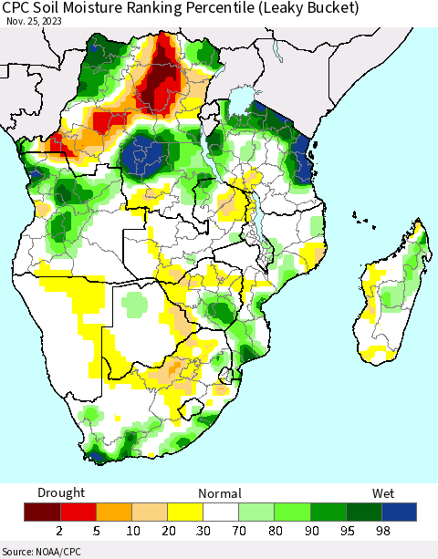 Southern Africa CPC Soil Moisture Ranking Percentile (Leaky Bucket) Thematic Map For 11/21/2023 - 11/25/2023