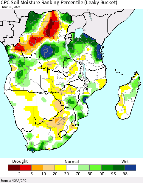 Southern Africa CPC Soil Moisture Ranking Percentile (Leaky Bucket) Thematic Map For 11/26/2023 - 11/30/2023