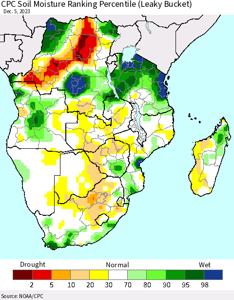 Southern Africa CPC Soil Moisture Ranking Percentile (Leaky Bucket) Thematic Map For 12/1/2023 - 12/5/2023
