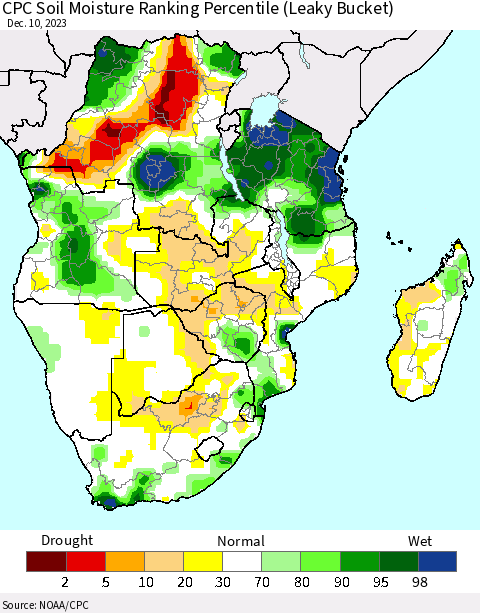 Southern Africa CPC Soil Moisture Ranking Percentile (Leaky Bucket) Thematic Map For 12/6/2023 - 12/10/2023