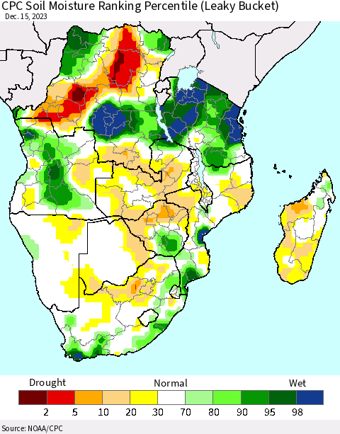 Southern Africa CPC Soil Moisture Ranking Percentile (Leaky Bucket) Thematic Map For 12/11/2023 - 12/15/2023