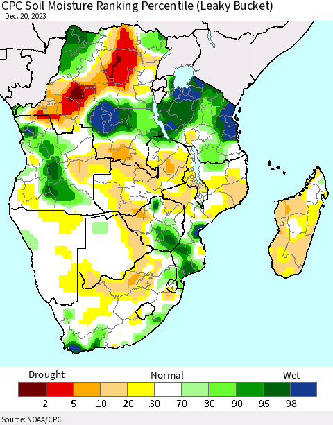 Southern Africa CPC Soil Moisture Ranking Percentile (Leaky Bucket) Thematic Map For 12/16/2023 - 12/20/2023